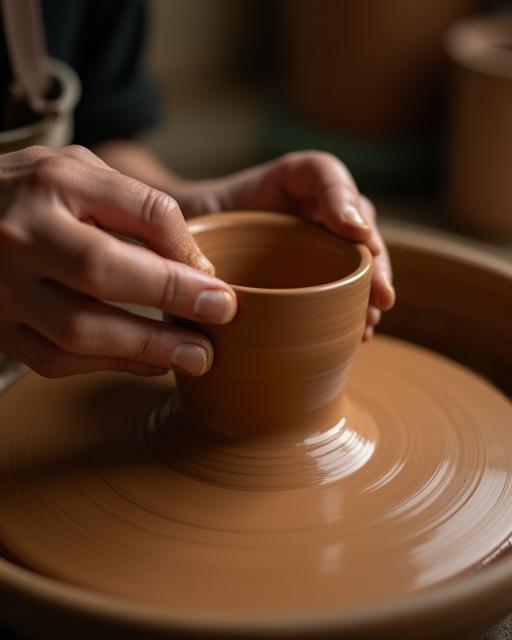Artisan's hands shaping clay at Waraku Tougei studio in Kyoto